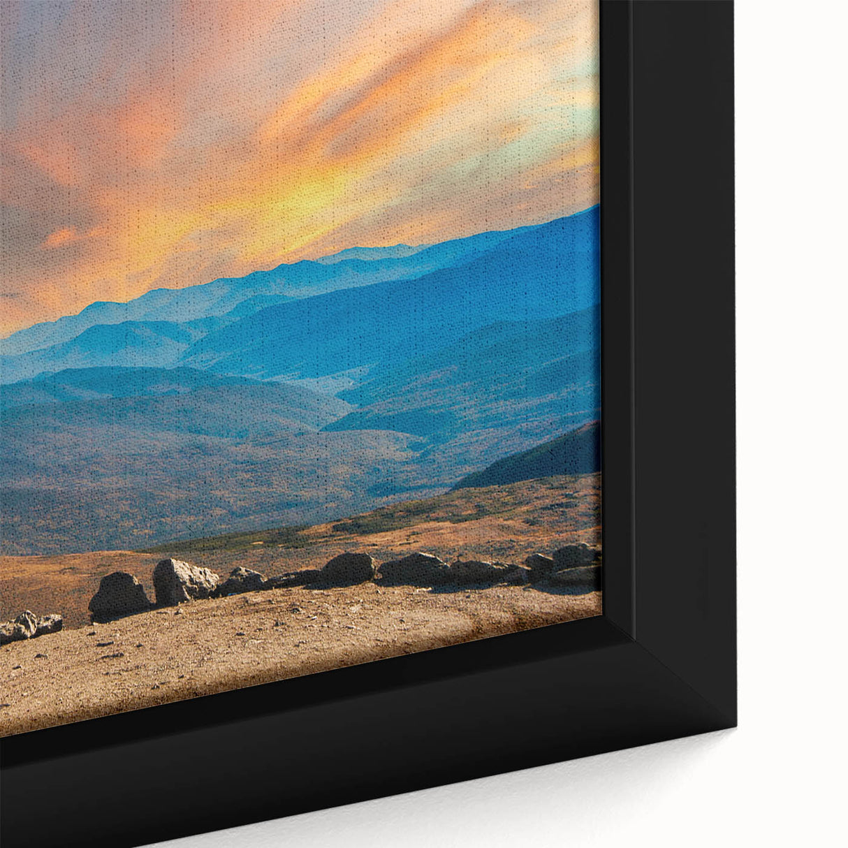 Textured black wall art depicting a New Hampshire scenery in colorful hues on a framed canvas, ideal for living room decor.