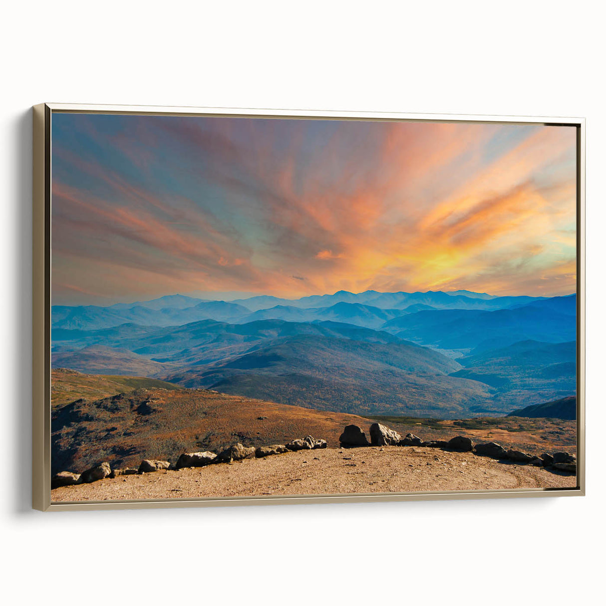 Framed canvas depicting a vintage-style New Hampshire landscape in muted earth tones, ideal for bedroom wall art.