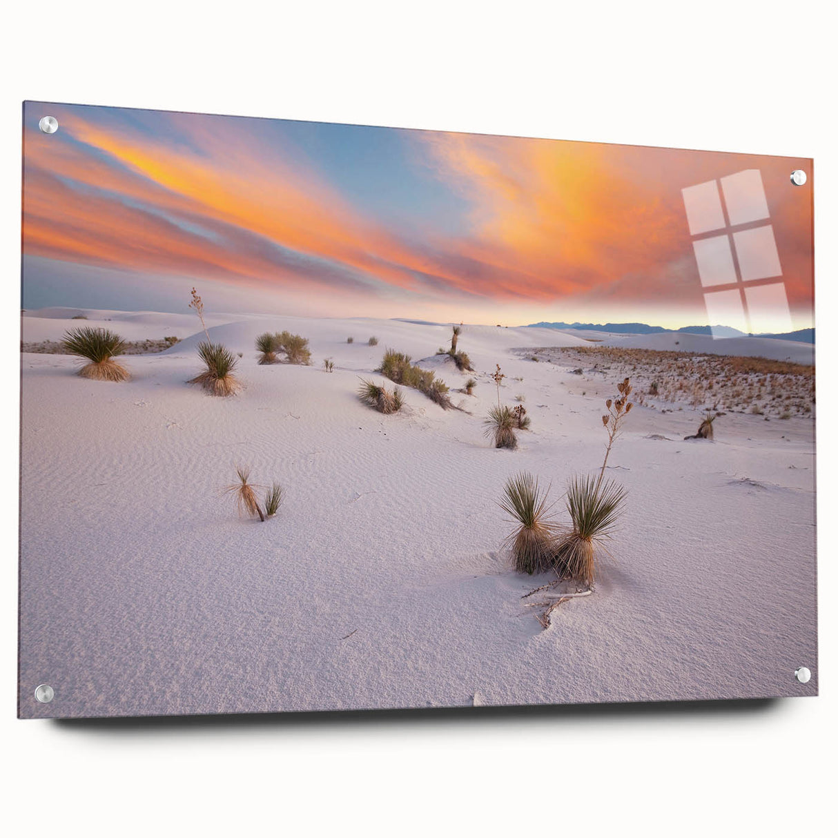 Large abstract wall art depicting New Mexico scenery in muted earth tones on acrylic glass.