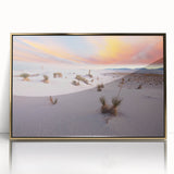 Mid-century modernist New Mexico landscape on framed acrylic, featuring earthy tones, ideal for nursery wall art.