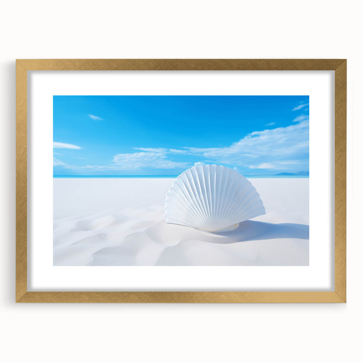 Extra large abstract art print of New Mexico's White Sands, in a gold frame with mat, featuring soft beige and white tones.