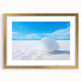 Extra large abstract art print of New Mexico's White Sands, in a gold frame with mat, featuring soft beige and white tones.