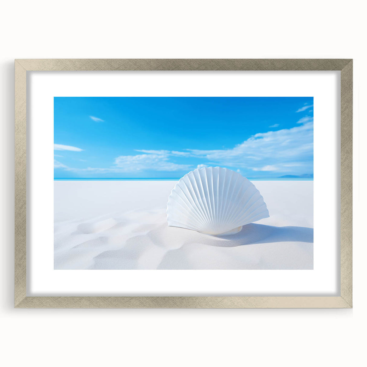 Textured art of abstract white sands in New Mexico, with muted beige tones on a framed silver mat, ideal for bedroom art.