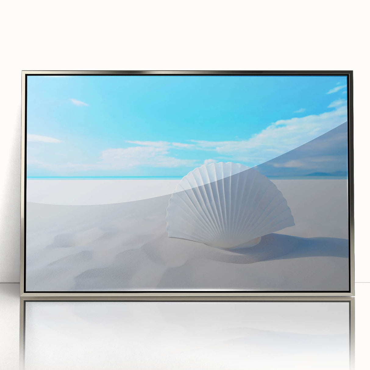 Mid-century modernist art depicting the White Sands in New Mexico, in muted beige and white tones on a framed acrylic print.
