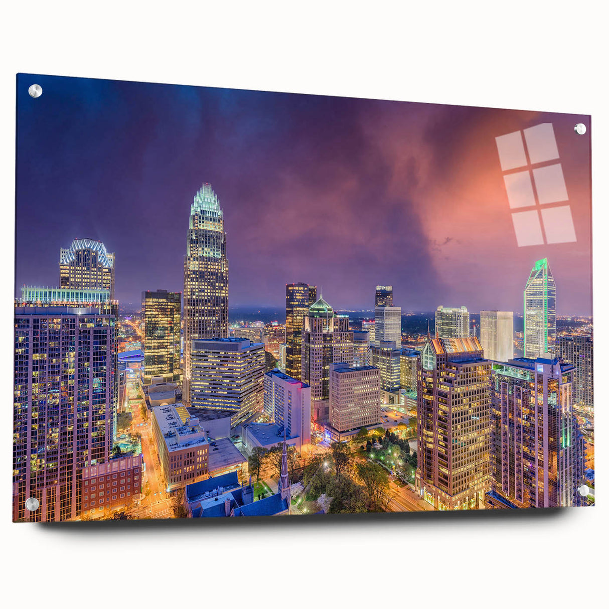 Acrylic print of Charlotte skyline in muted blue and gray tones, suitable for bedroom or dining room decor.