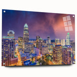 Acrylic print of Charlotte skyline in muted blue and gray tones, suitable for bedroom or dining room decor.