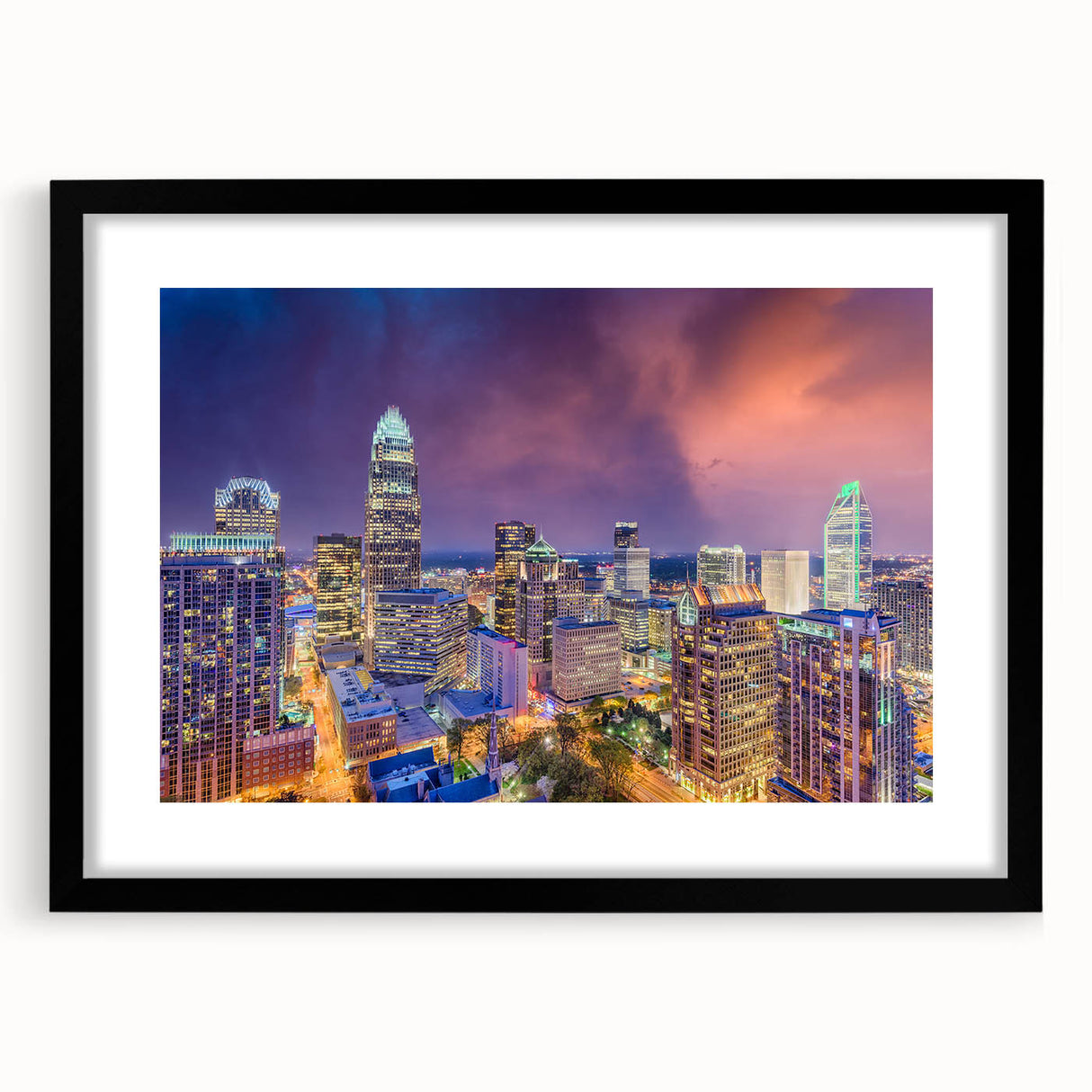 Extra large abstract art print of colorful, textured Charlotte skyline on a framed canvas, ideal for living room decor.