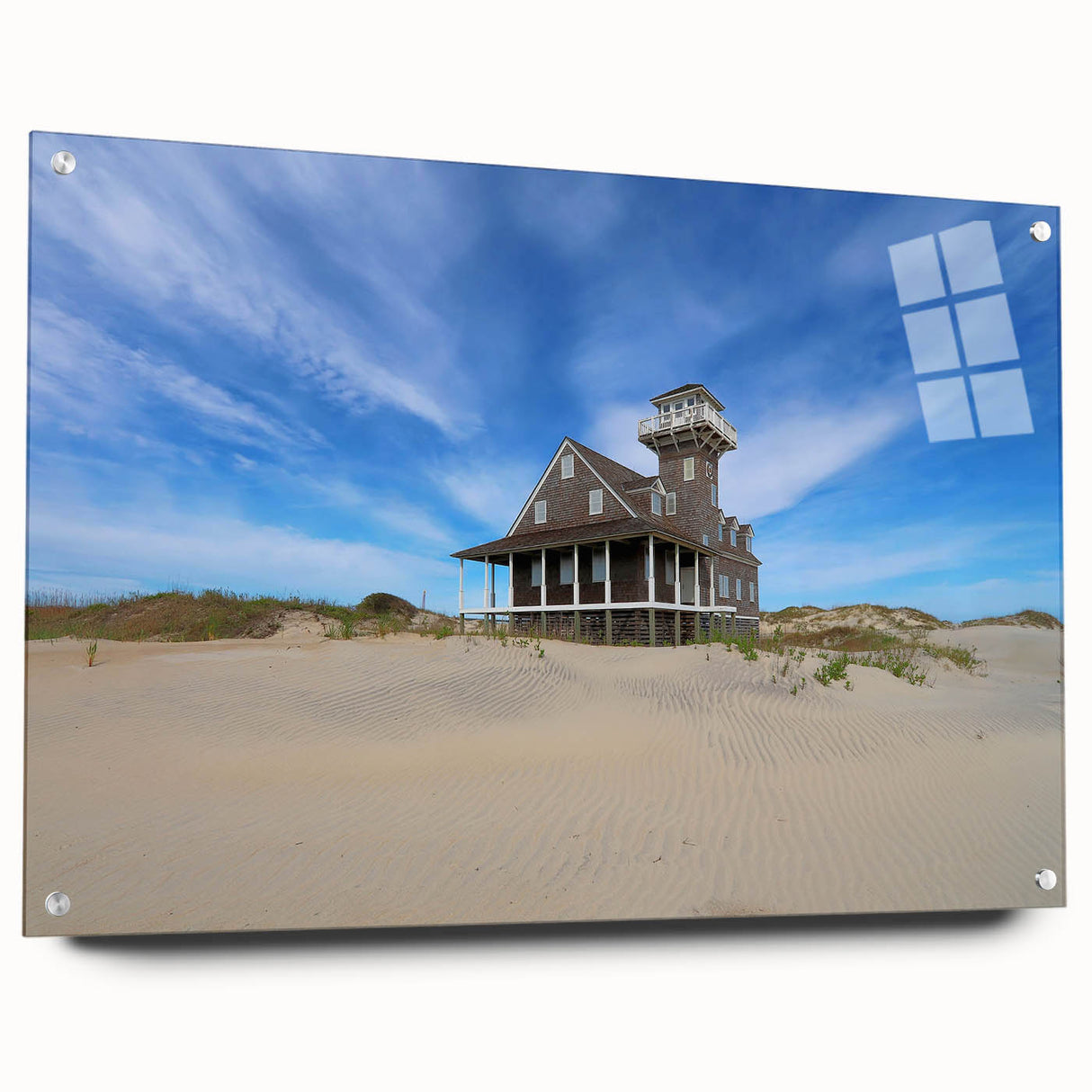 Acrylic print of a serene Outer Banks landscape in soft blue and beige tones, suitable for bedroom or dining room decor.