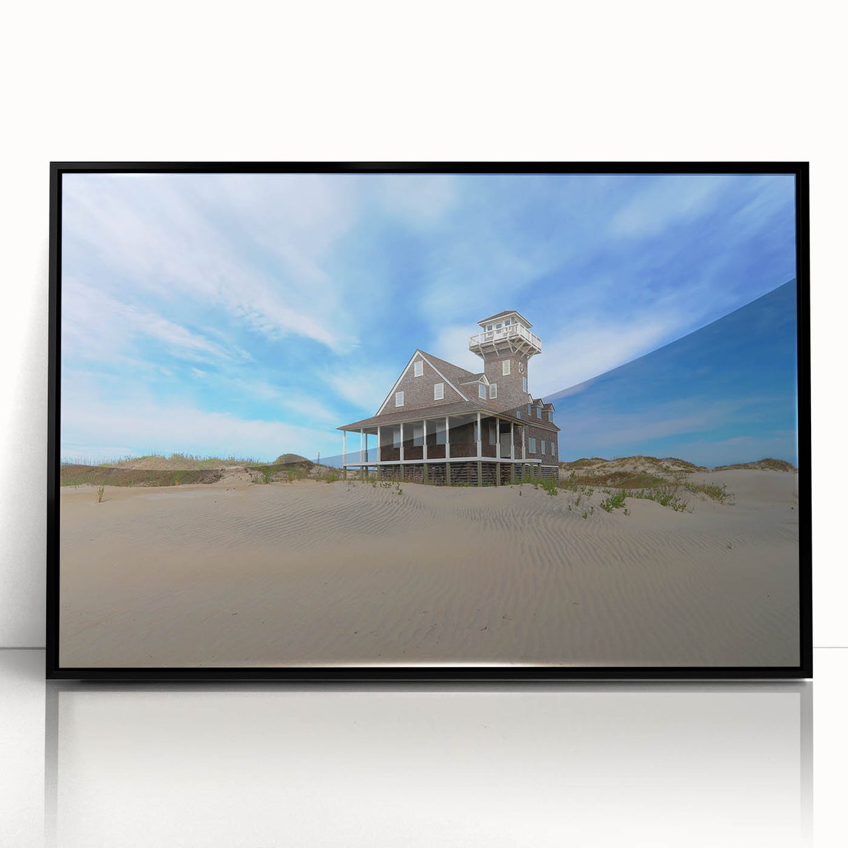 Large abstract wall art depicting the Outer Banks in muted blue and gray tones, framed acrylic.