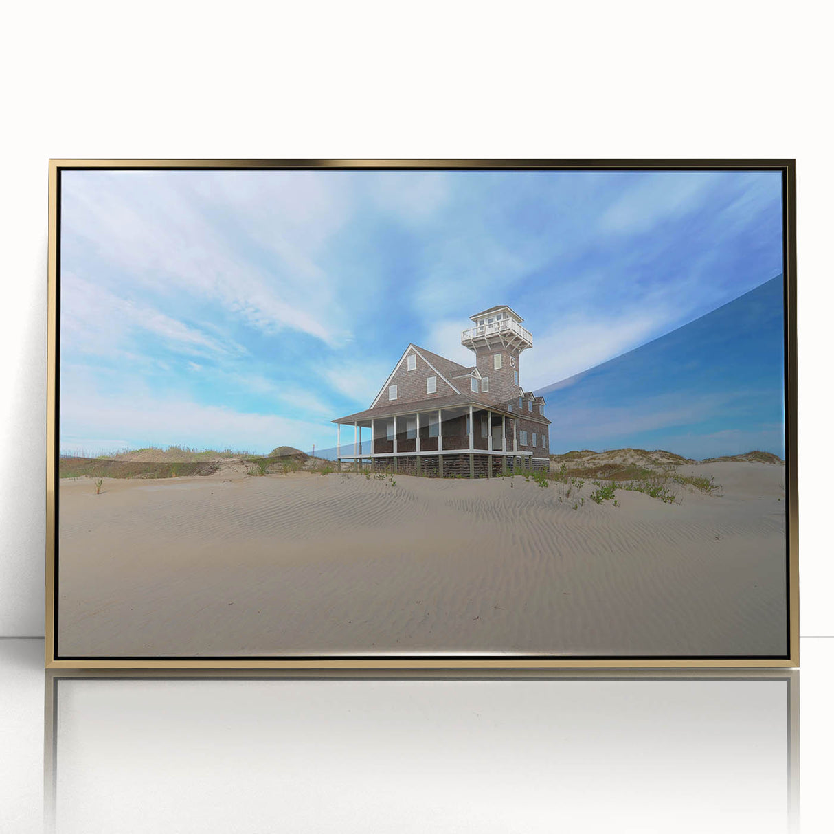 Mid-century modernist style large art print of the Outer Banks, North Carolina, in vibrant gold tones on framed acrylic.