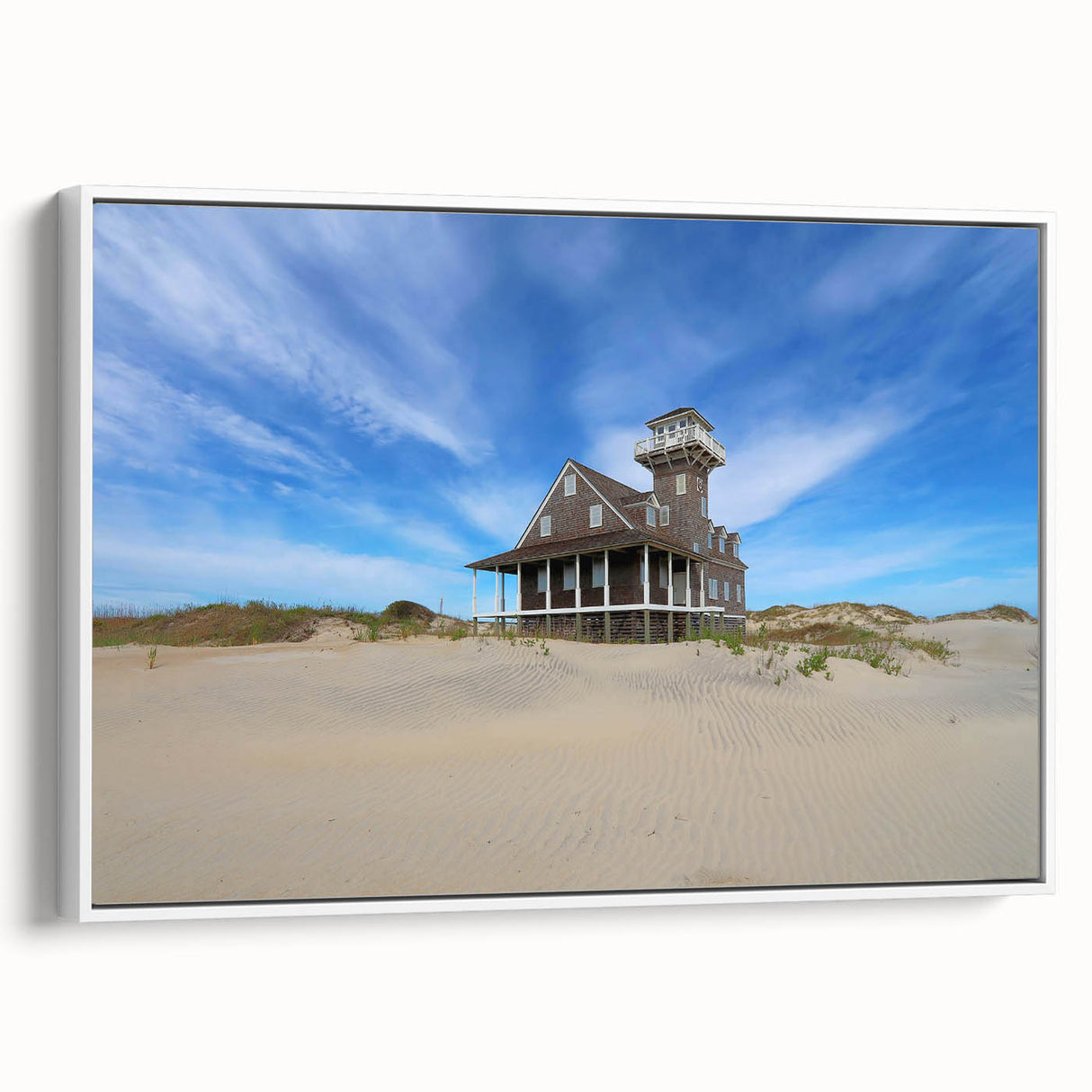 Vintage poster art of North Carolina Outer Banks in colorful hues on extra large framed canvas, ideal for living room decor.