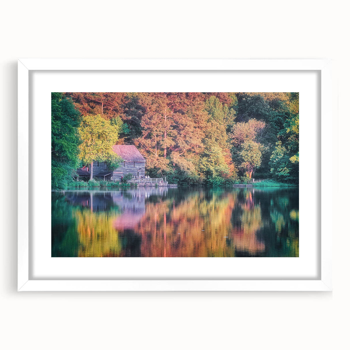 Abstract art print of Raleigh skyline in muted blue and gray tones on a framed white canvas, suitable for dining room decor.