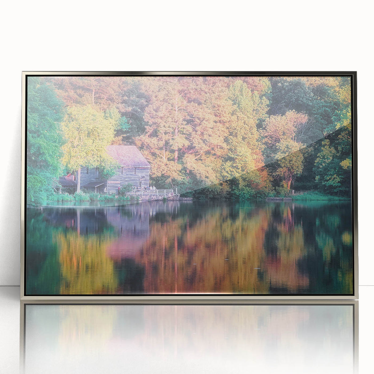 Mid-century modernist art of Raleigh skyline in muted gray and blue tones on a silver-framed acrylic print.