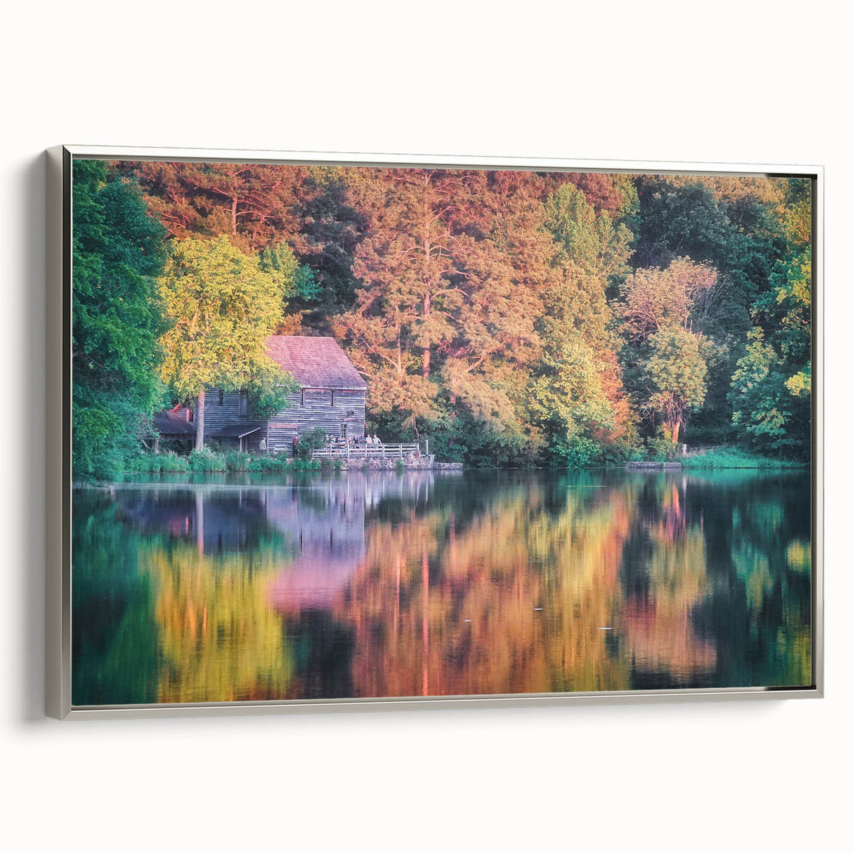 Raleigh, North Carolina landscape art painting on silver-framed canvas, featuring colorful vintage-style imagery.
