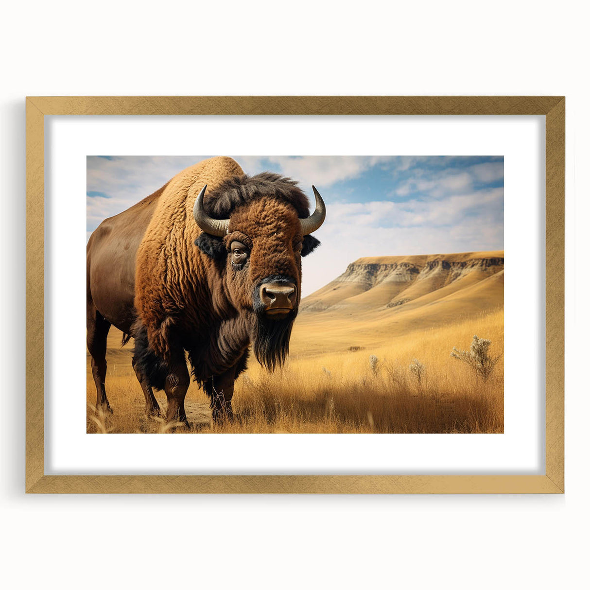Extra large abstract art print depicting a textured North Dakota scenery in muted earth tones, framed in gold.