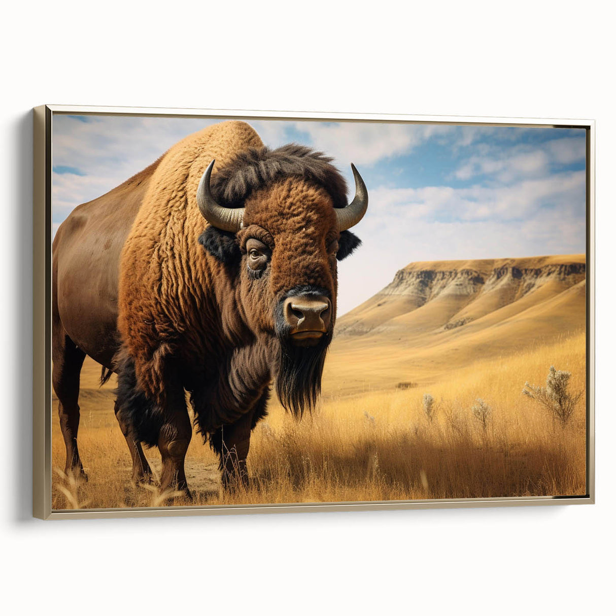 Framed canvas depicting a vintage-style North Dakota landscape in black and gold tones, ideal for bedroom wall art.
