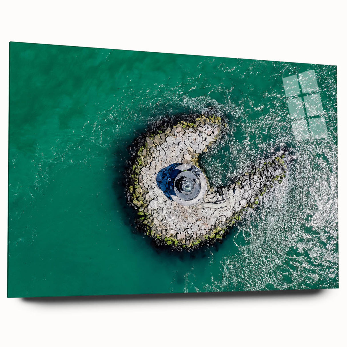 Large abstract wall art of Long Island scenery in muted blues and greens on acrylic glass.