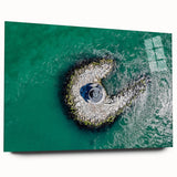 Large abstract wall art of Long Island scenery in muted blues and greens on acrylic glass.