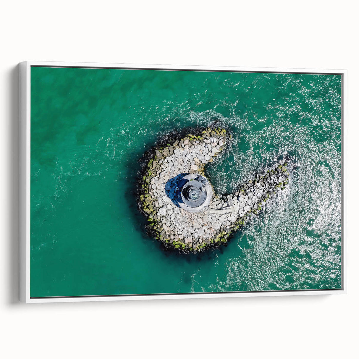 Vintage poster art of Long Island scenery on a framed canvas, featuring vibrant colors against a black background.