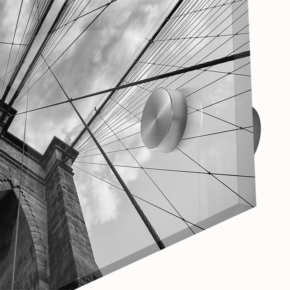 Acrylic print of the Brooklyn Bridge in muted gray tones, ideal for dining room art with a mid-century modernist style.