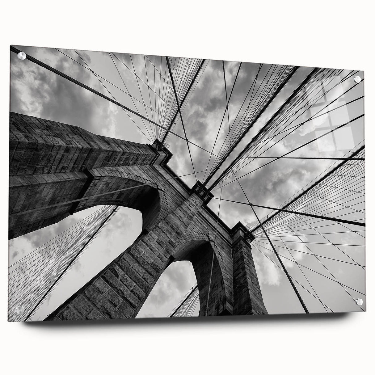 Acrylic print of the Brooklyn Bridge with a monochrome color palette, suitable for modern bedroom or dining room decor.