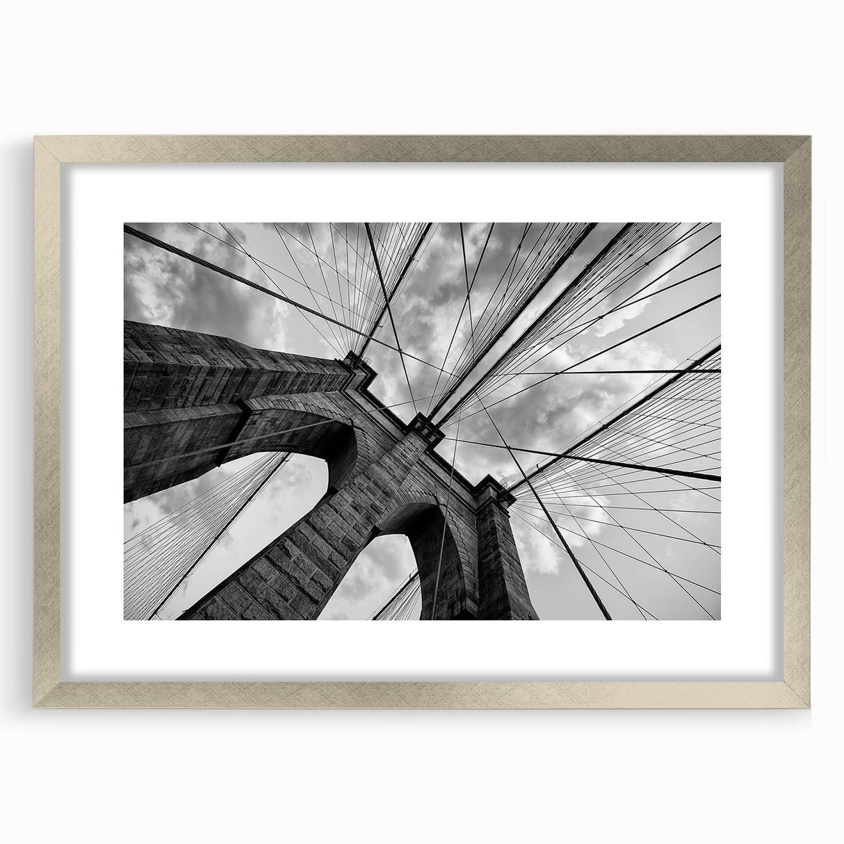 Textured art print of Brooklyn Bridge in abstract style with muted gray and silver tones on a framed canvas.
