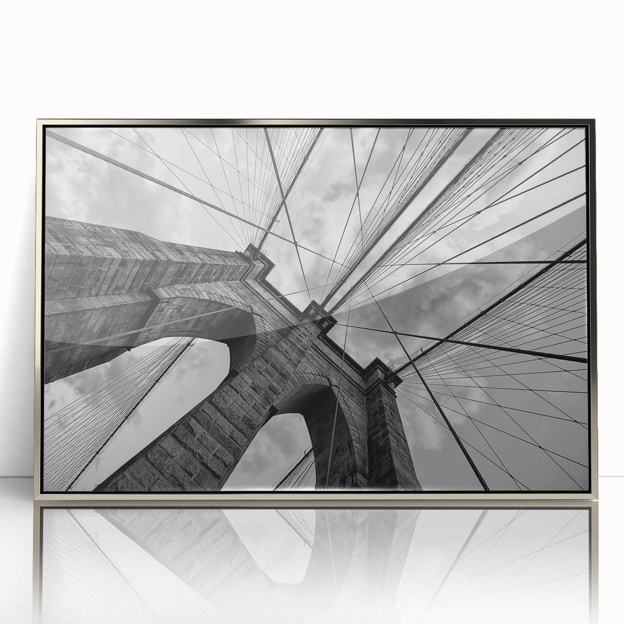 Mid-century modernist art of the Brooklyn Bridge in muted gray tones, acrylic print, ideal for modern art wall decor.