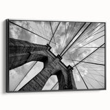 Black and white framed canvas of the Brooklyn Bridge in a vintage poster style, ideal for bedroom wall decor.