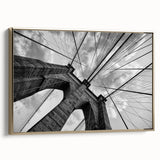 Framed canvas of the Brooklyn Bridge in black and gold tones, vintage poster style, ideal for bedroom wall art.