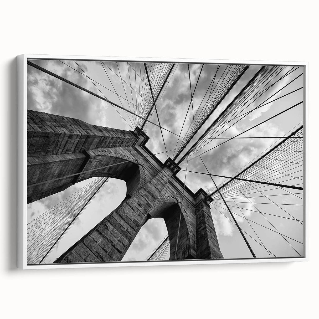Vintage poster art of the Brooklyn Bridge in grayscale, framed canvas, ideal for living room decor.