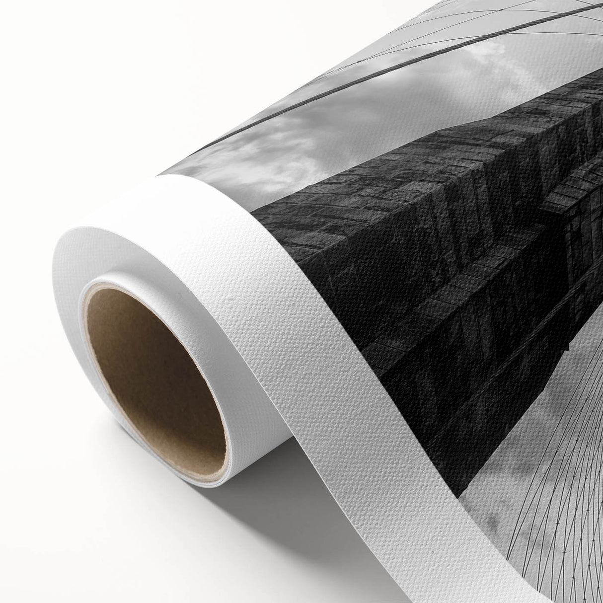 Art Deco poster of the Brooklyn Bridge in muted gray tones on rolled canvas, suitable for nursery wall art.