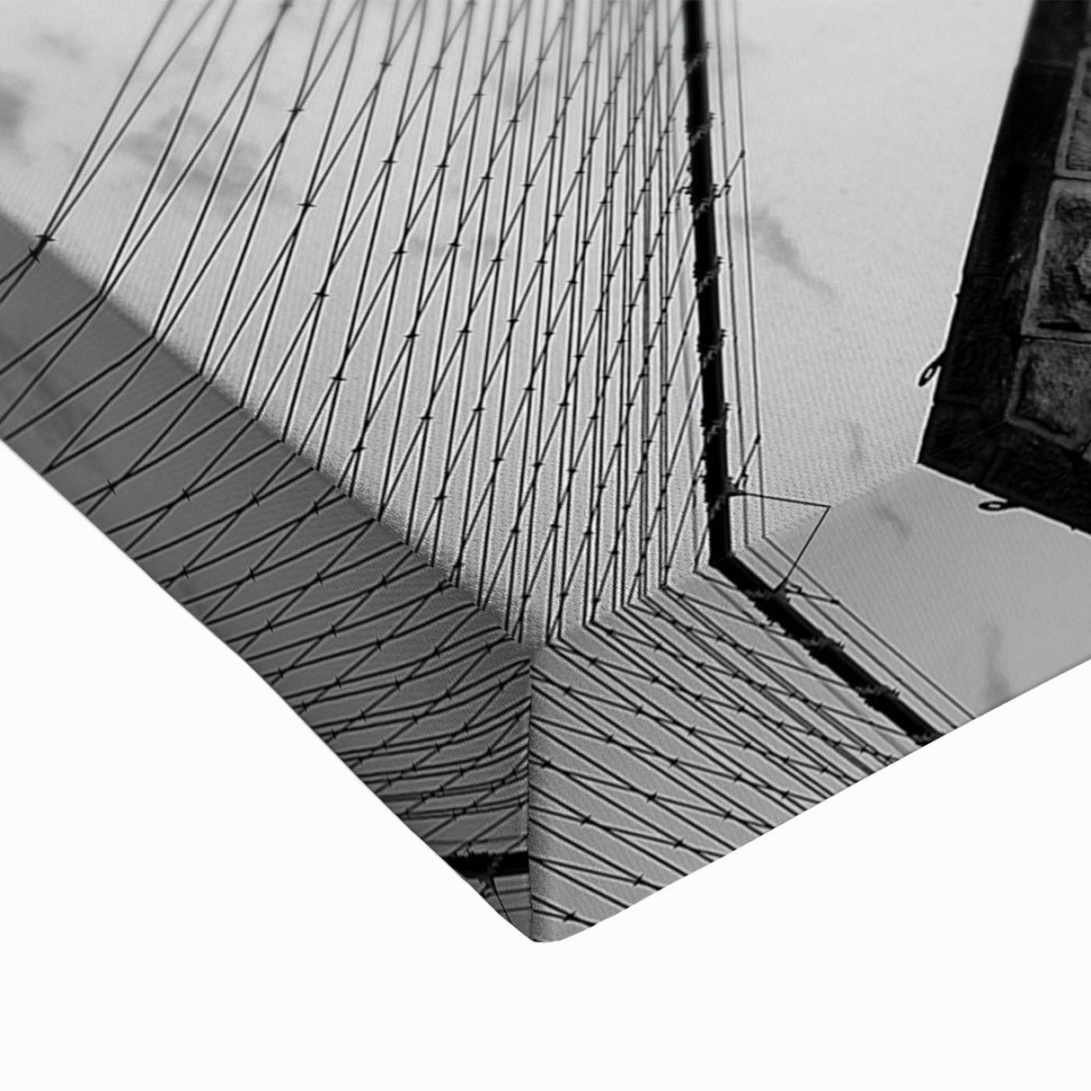 Black and white landscape art of the Brooklyn Bridge on stretched canvas, suitable for bedroom decor.