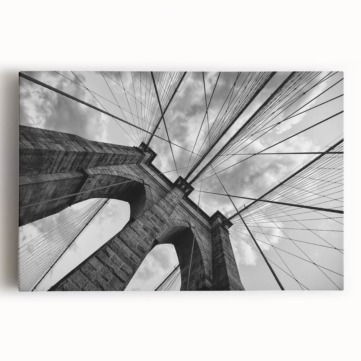 Black and white photo of the Brooklyn Bridge on stretched canvas, ideal for kitchen wall art.