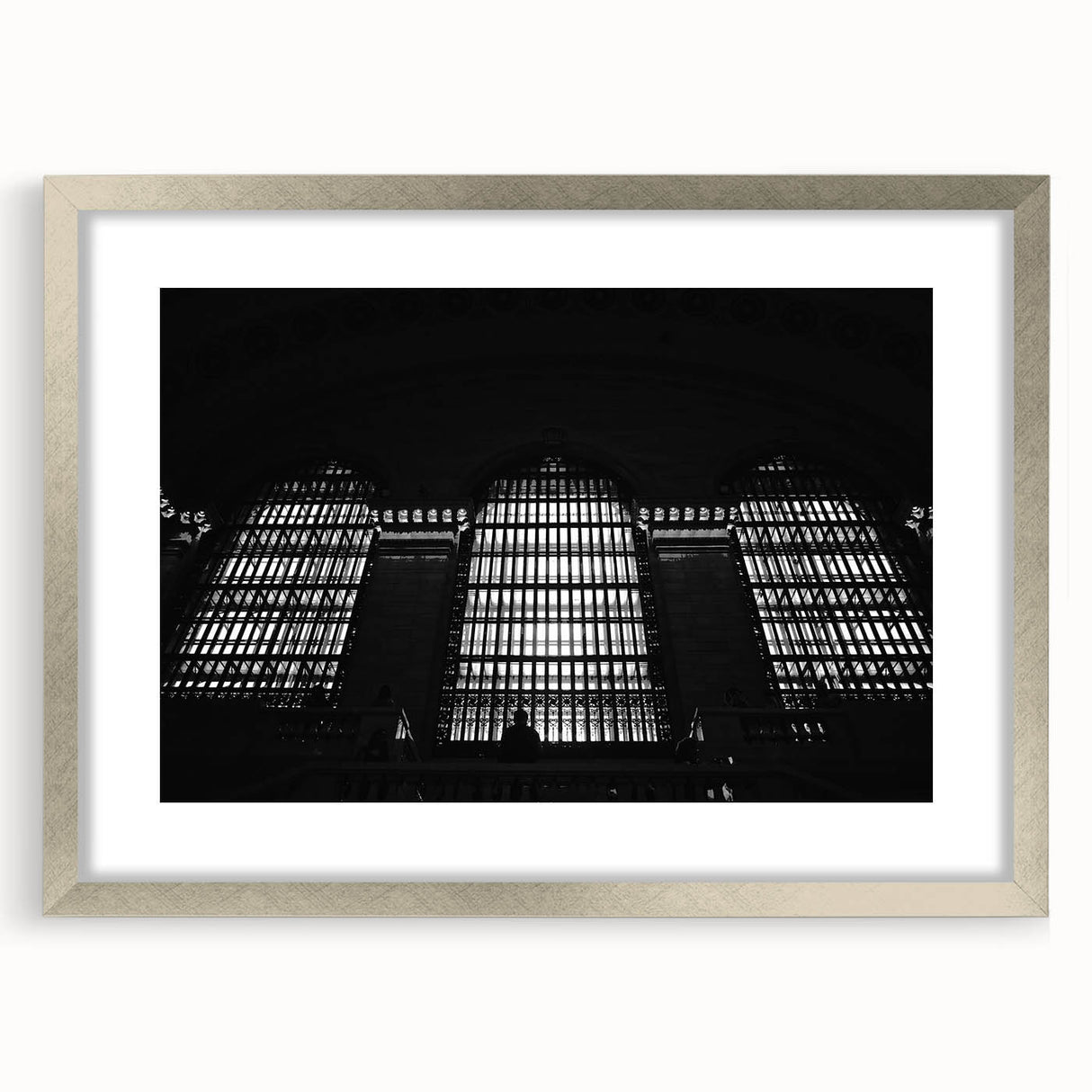 Textured art depicting an abstract interpretation of Grand Central Station in muted gray and silver tones on a framed canvas.