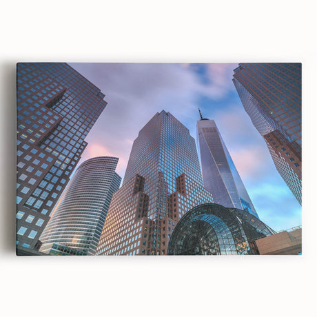 Large canvas print of the Manhattan skyline in muted gray and blue tones, suitable for kitchen wall art.
