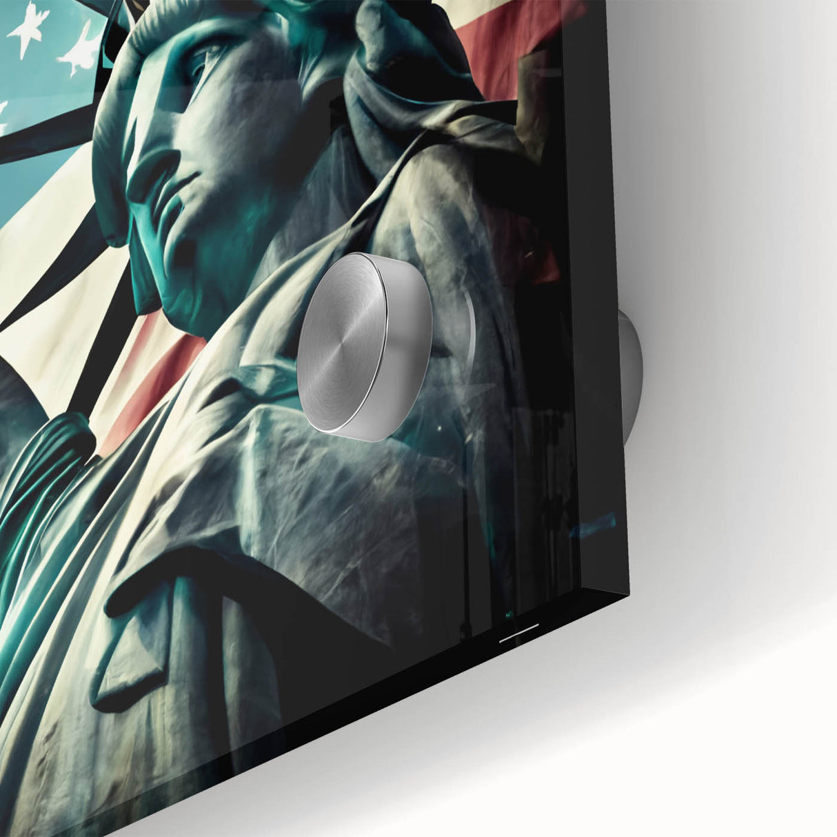 Mid-century modernist acrylic print of NYC with Statue of Liberty in muted tones, ideal for dining room art.