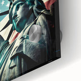 Mid-century modernist acrylic print of NYC with Statue of Liberty in muted tones, ideal for dining room art.