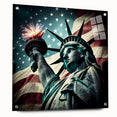 Side view of a large acrylic glass print featuring the Statue of Liberty with a muted blue and gray palette.