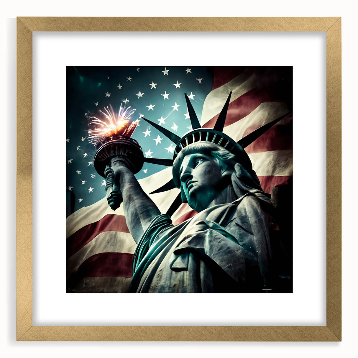 Extra large framed wall art featuring an abstract depiction of the Statue of Liberty in textured gold and black tones.