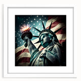 Abstract art print of the Statue of Liberty in muted blue and gray tones on a framed white mat.