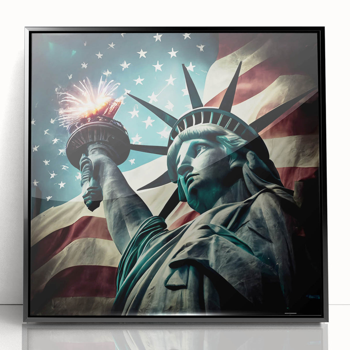 Large abstract wall art of the NYC skyline and Statue of Liberty in muted black and gray tones on a framed acrylic panel.