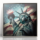 Mid-century modernist art of the Statue of Liberty in muted silver and gray tones, acrylic print framed.