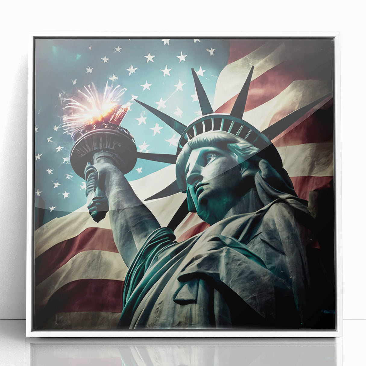Acrylic print of the Statue of Liberty in art deco style, with muted blue and green tones, ideal for modern art wall decor.