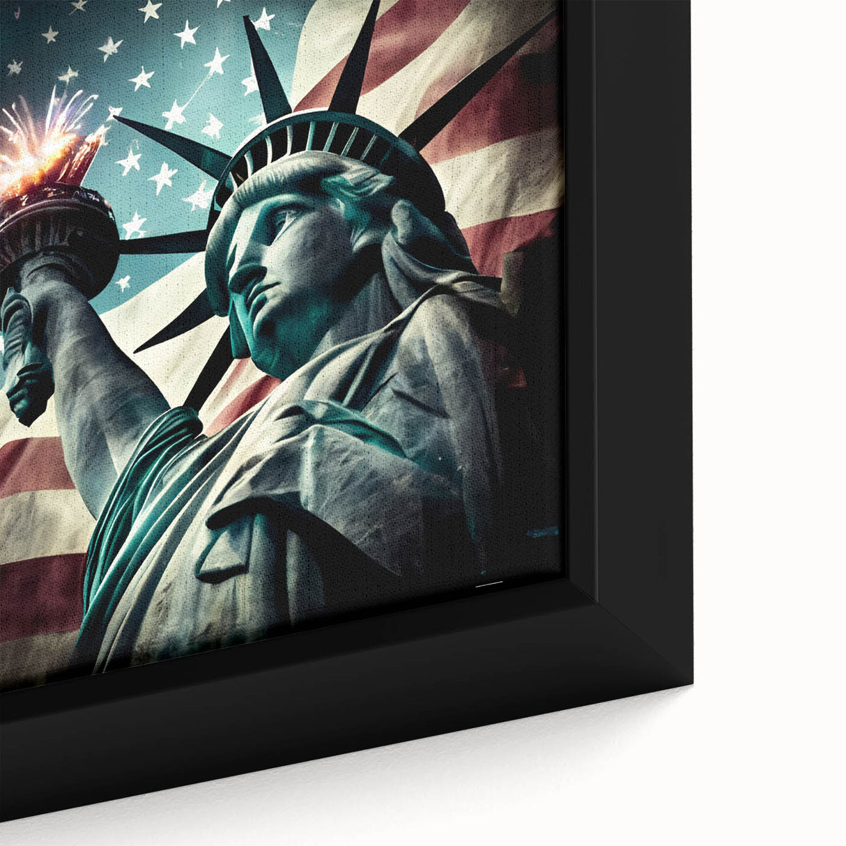 Framed canvas of the Statue of Liberty in black with colorful, textured accents, ideal for large living room walls.
