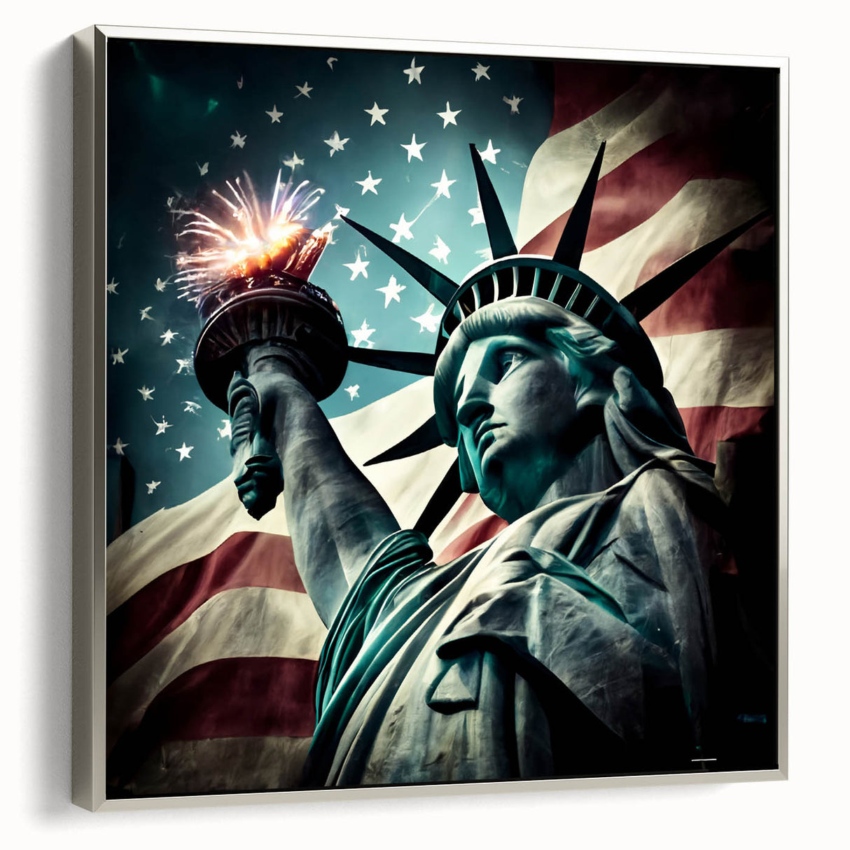 Framed canvas of the Statue of Liberty in grayscale with colorful sunset background, ideal for modern bedroom decor.