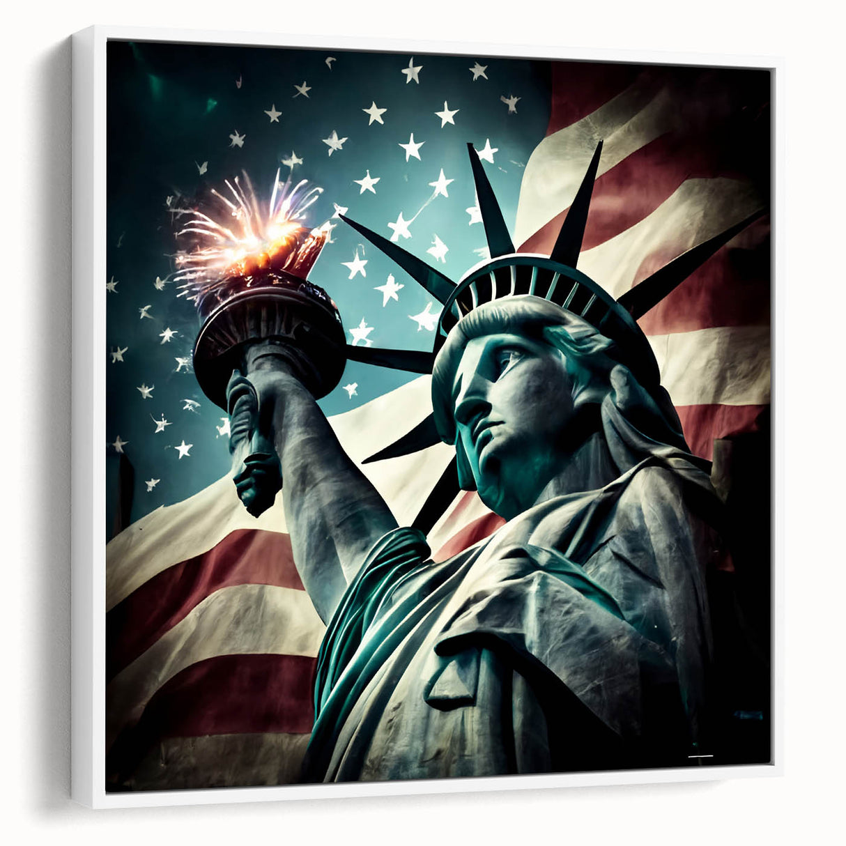 Vintage poster art of the Statue of Liberty in muted colors on a framed canvas, suitable for living room decor.