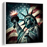 Vintage poster art of the Statue of Liberty in muted colors on a framed canvas, suitable for living room decor.