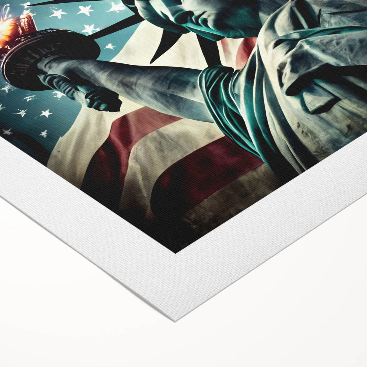 Art deco poster featuring the Statue of Liberty in muted green and blue tones on rolled canvas.