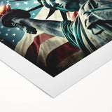 Art deco poster featuring the Statue of Liberty in muted green and blue tones on rolled canvas.