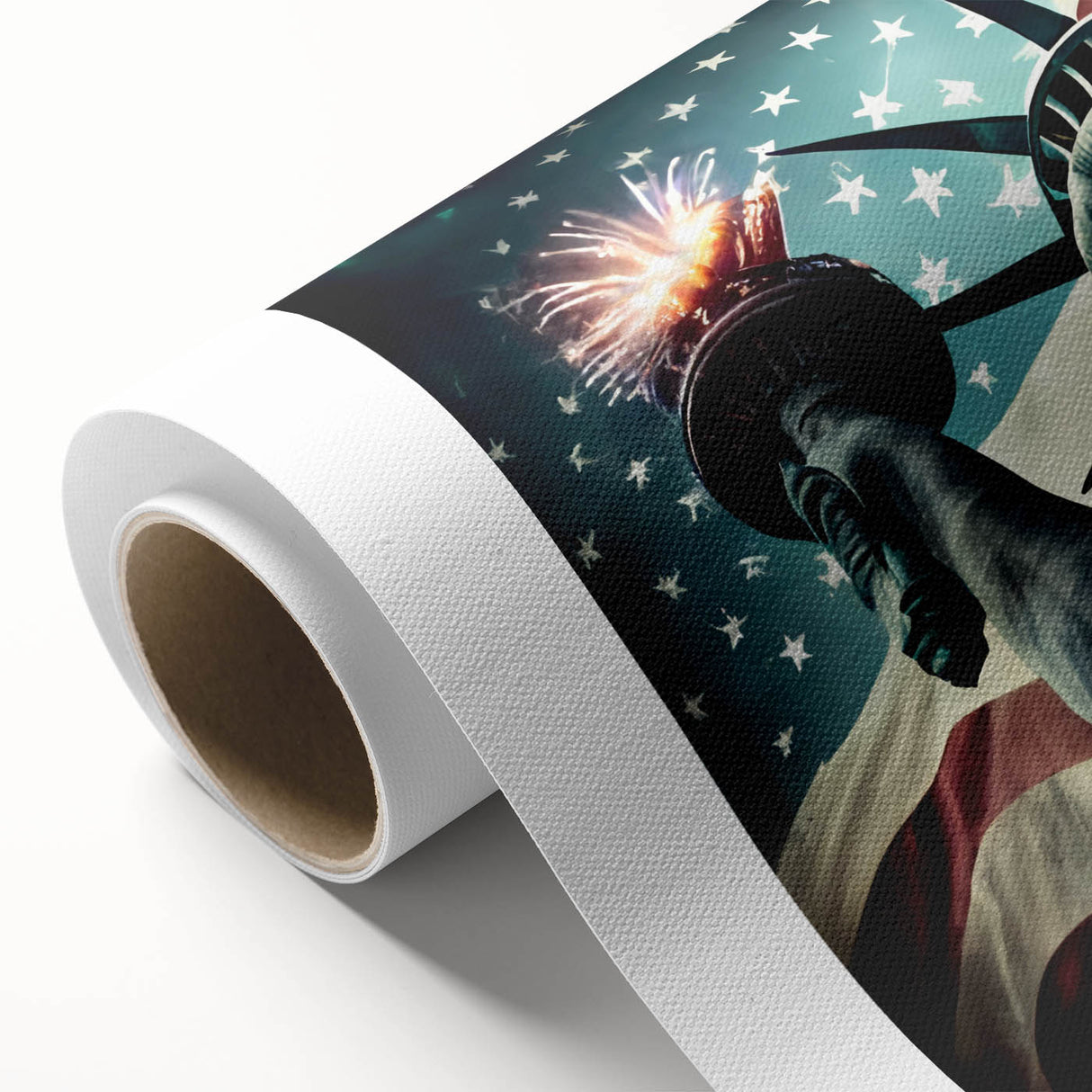 Art Deco style poster of the Statue of Liberty on rolled canvas, featuring bold blue and green tones.
